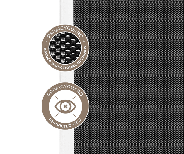 PrivacyGuard Mesh Security Screen with Tapered Directional Openings PrivacyGuard screen with tapered directional openings and seal, providing enhanced privacy and security for safety screen doors.